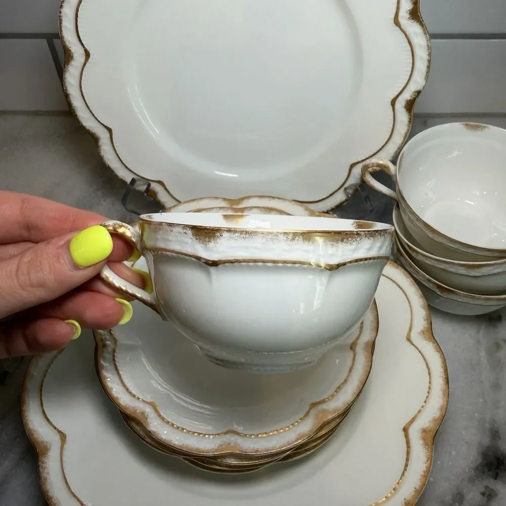 Antique Haviland Limoges Gold Dusted Rim Scalloped Plate Saucers Cups For 4 Set